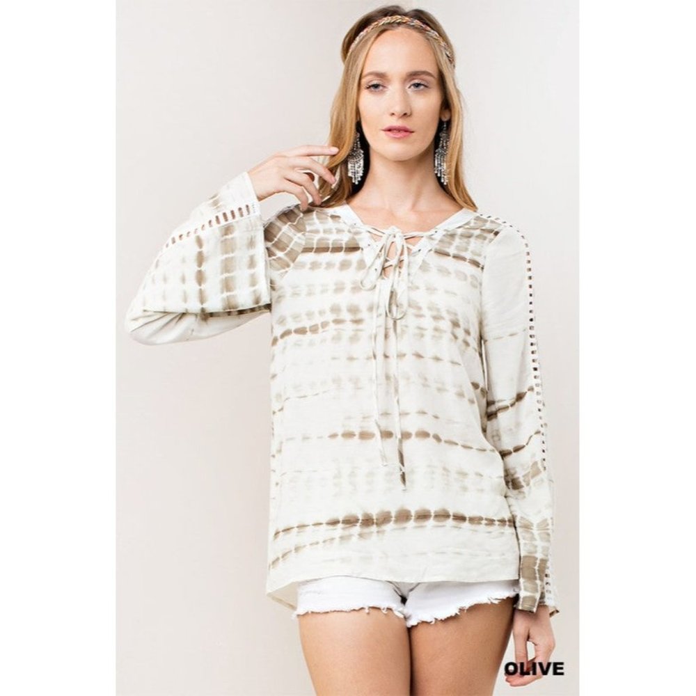 Kori America Tie Dye Lace Up Top, Olive